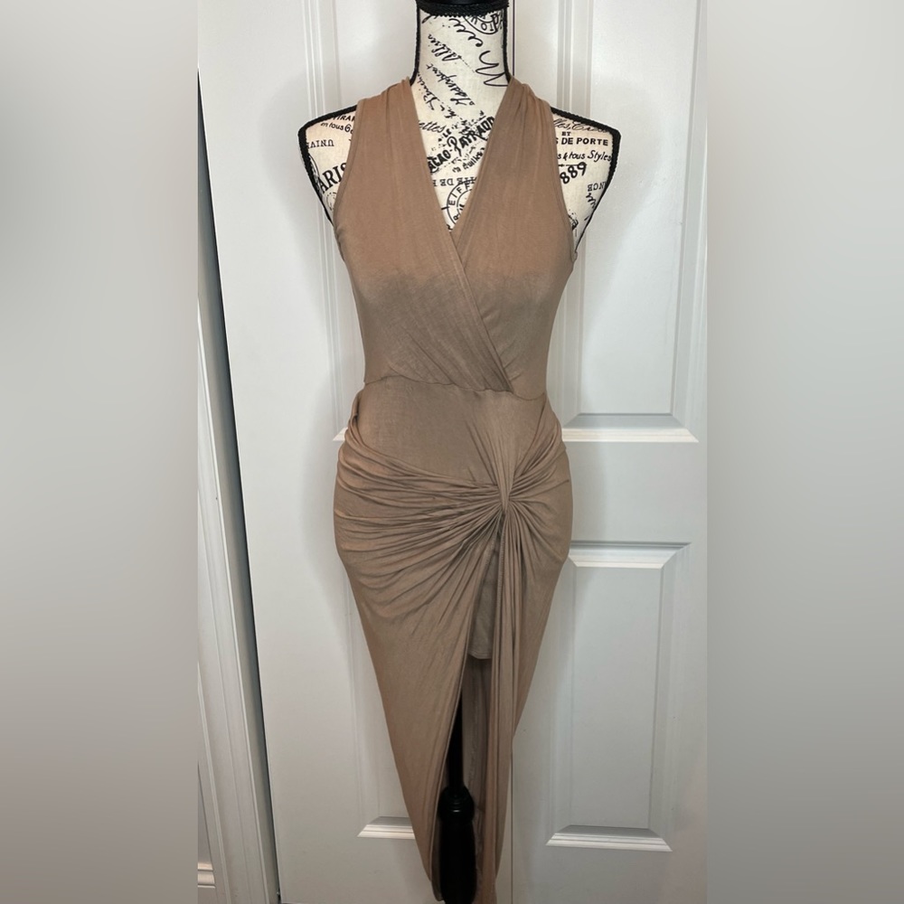 Taupe Sleeveless, left slit dress.